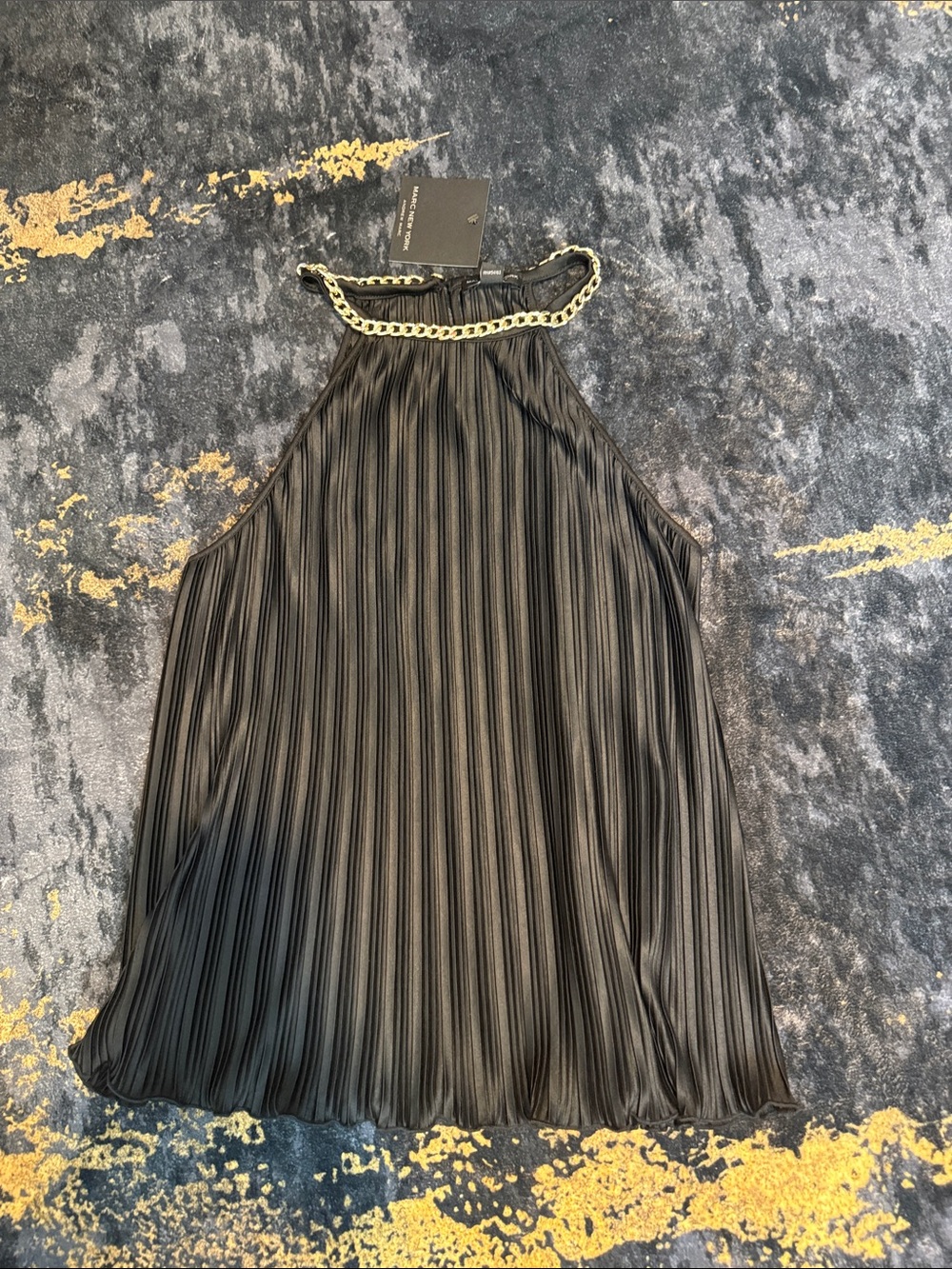 Marc New York Black Pleated Halter Dress with Gold Chain